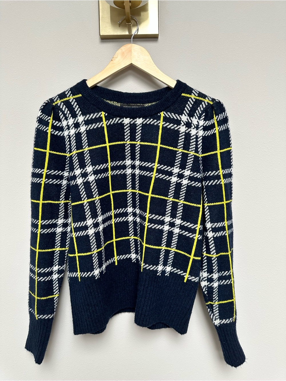Banana Republic Navy Crewneck Sweater with White Plaid and Yellow Grid